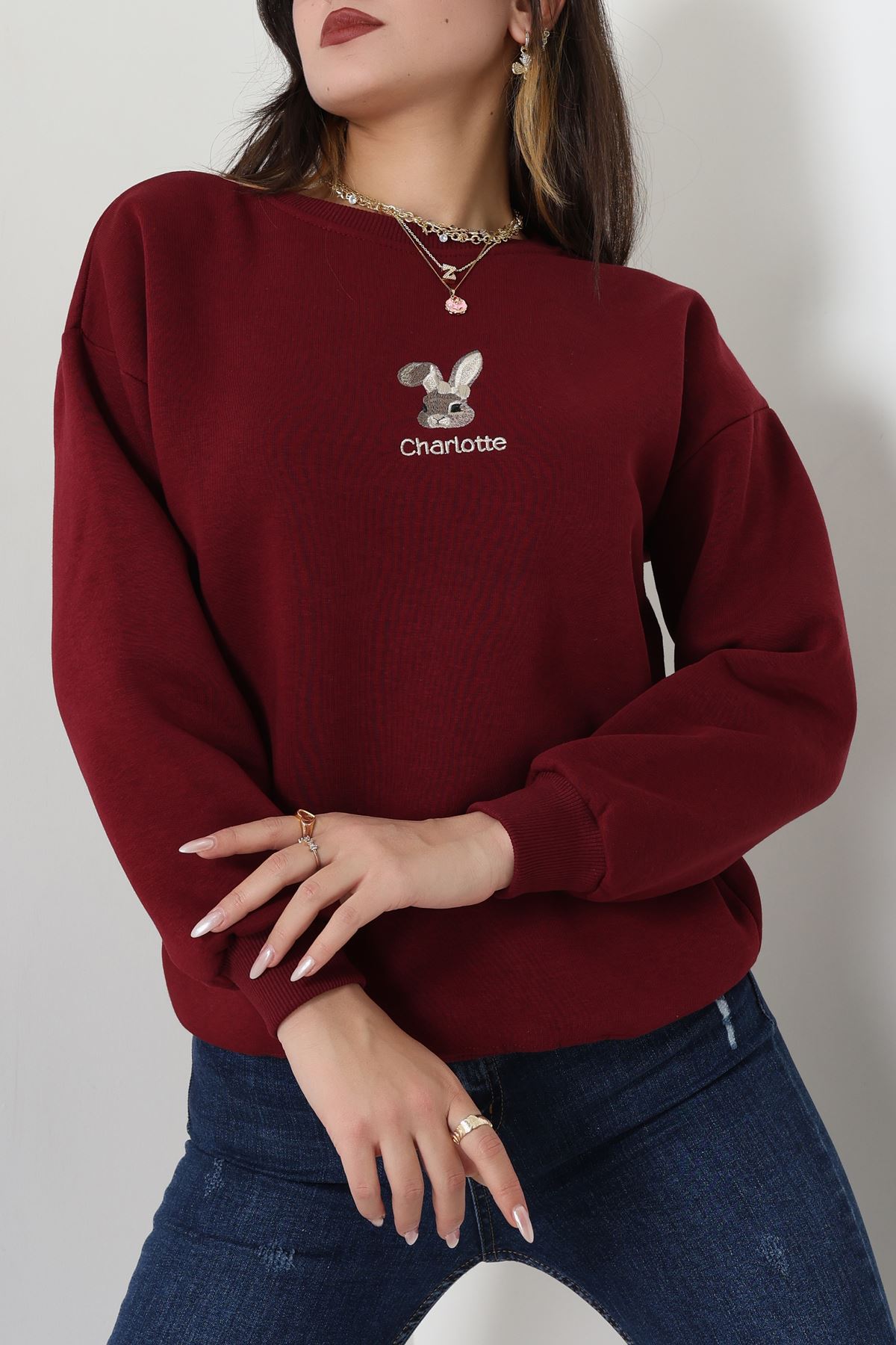 3 İplik Şardonlu Nakışlı Sweat Bordo - 42608.1878.