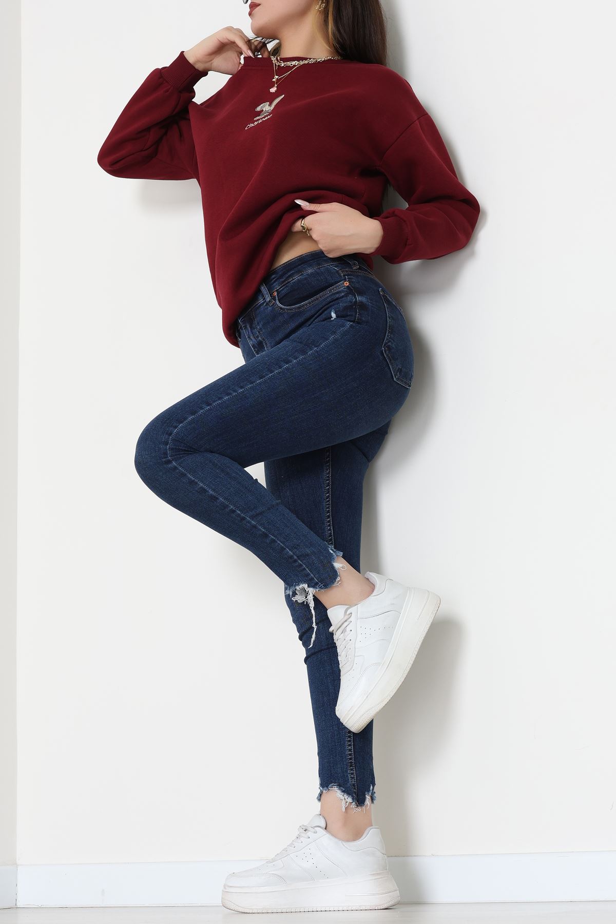 3 İplik Şardonlu Nakışlı Sweat Bordo - 42608.1878.