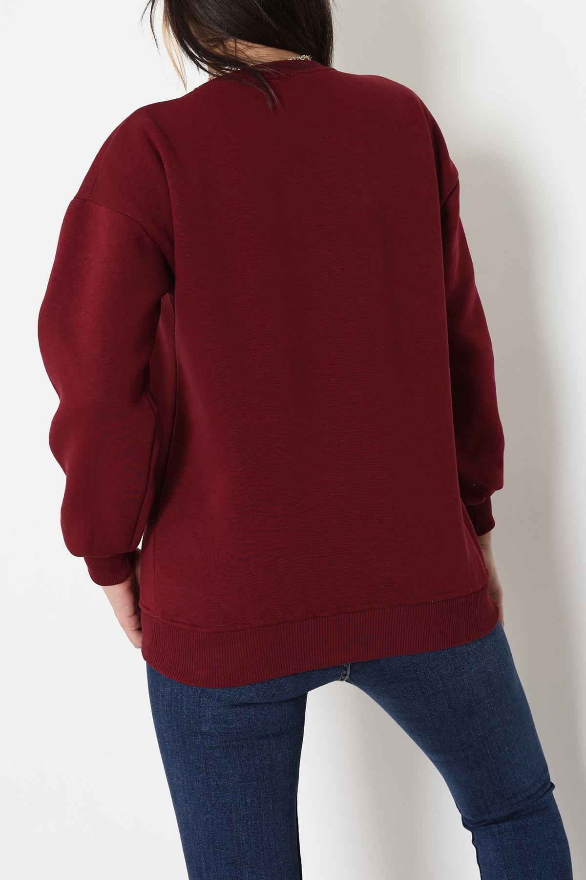3 İplik Şardonlu Nakışlı Sweat Bordo - 42608.1878.