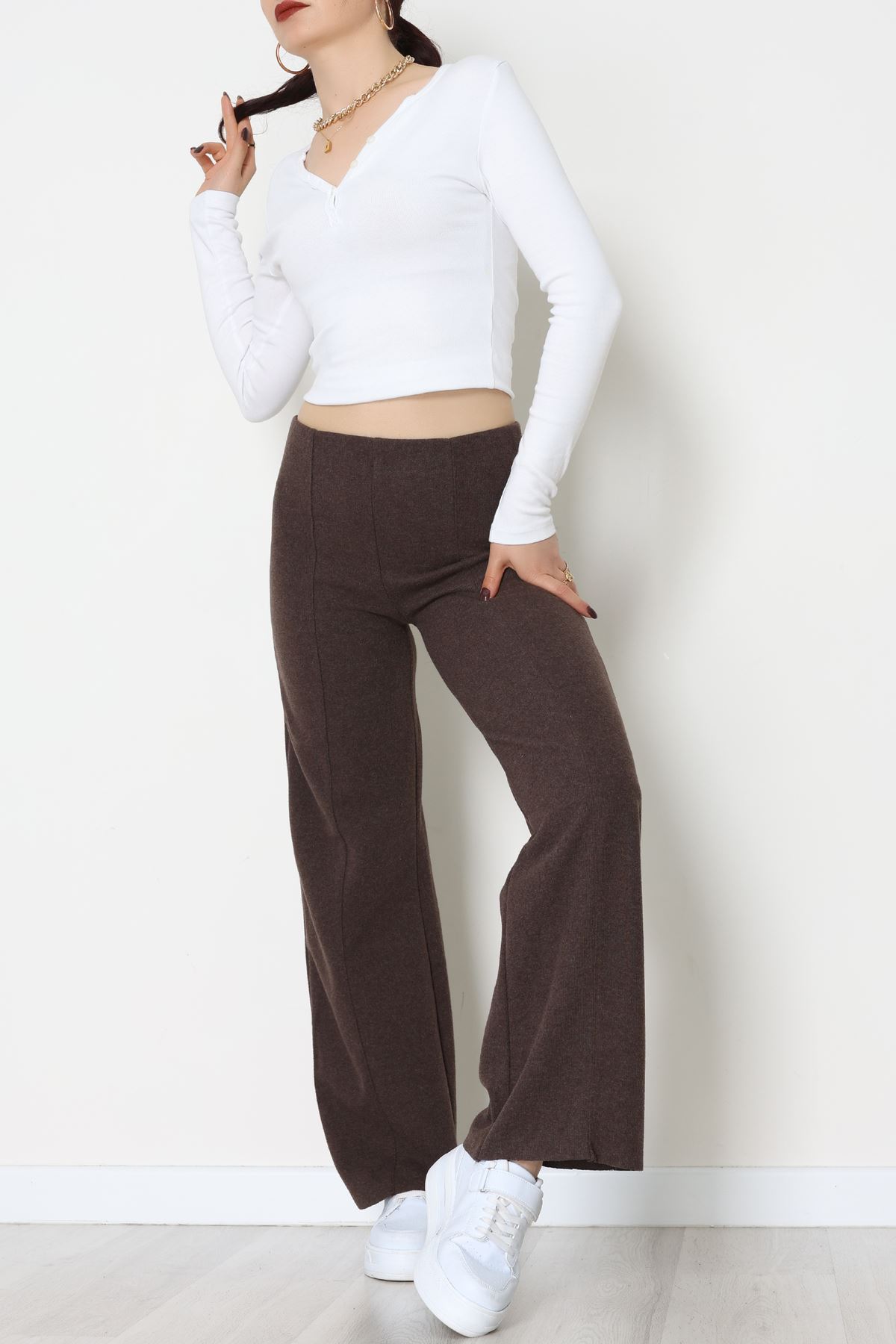 Selanik Kumaş Bel Lastikli Çımalı Pantolon Kahve - 51226.1567.