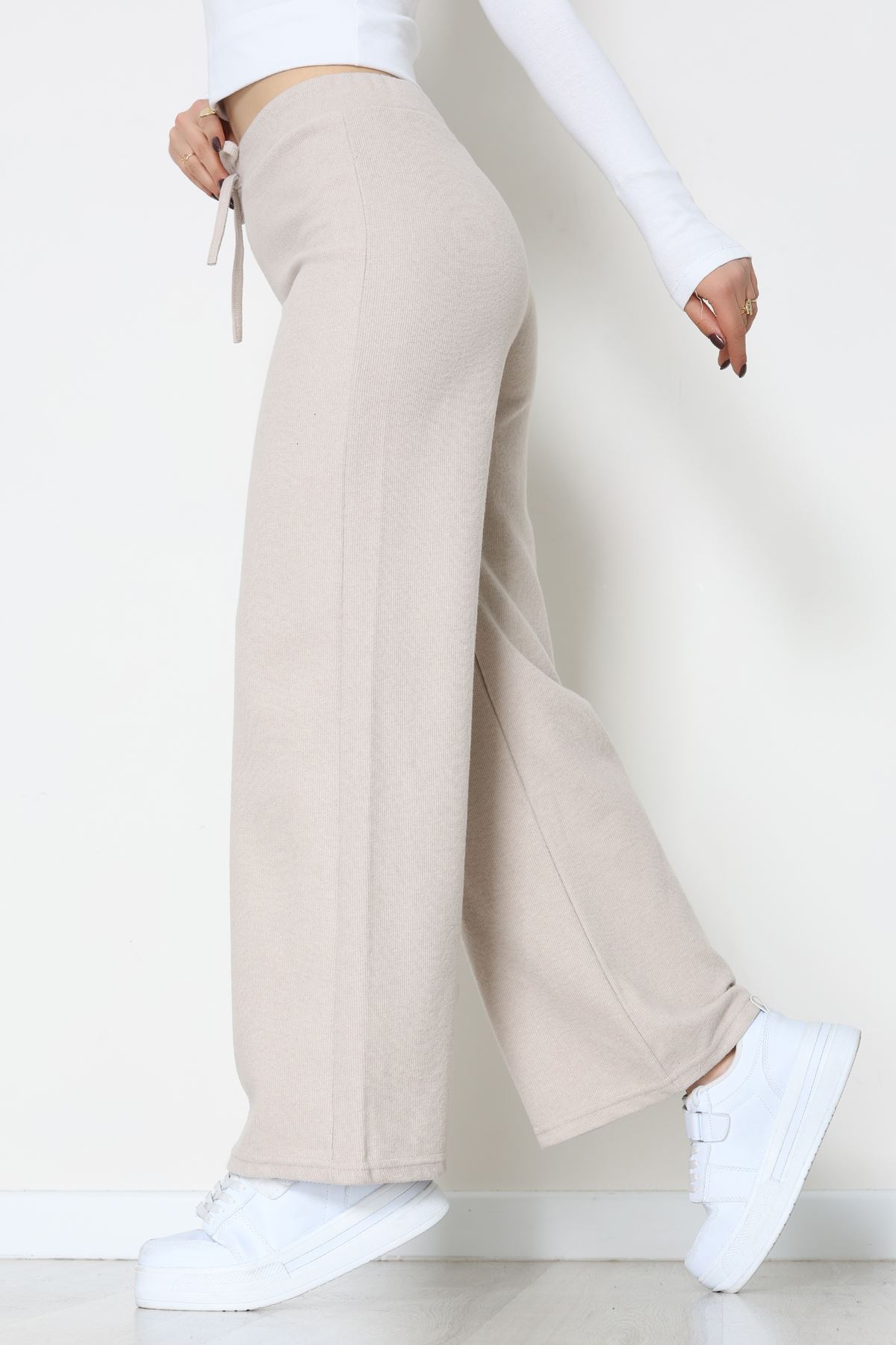 Selanik Kumaş Bel Lastikli Palazzo Pantolon Bej - 51228.1567.