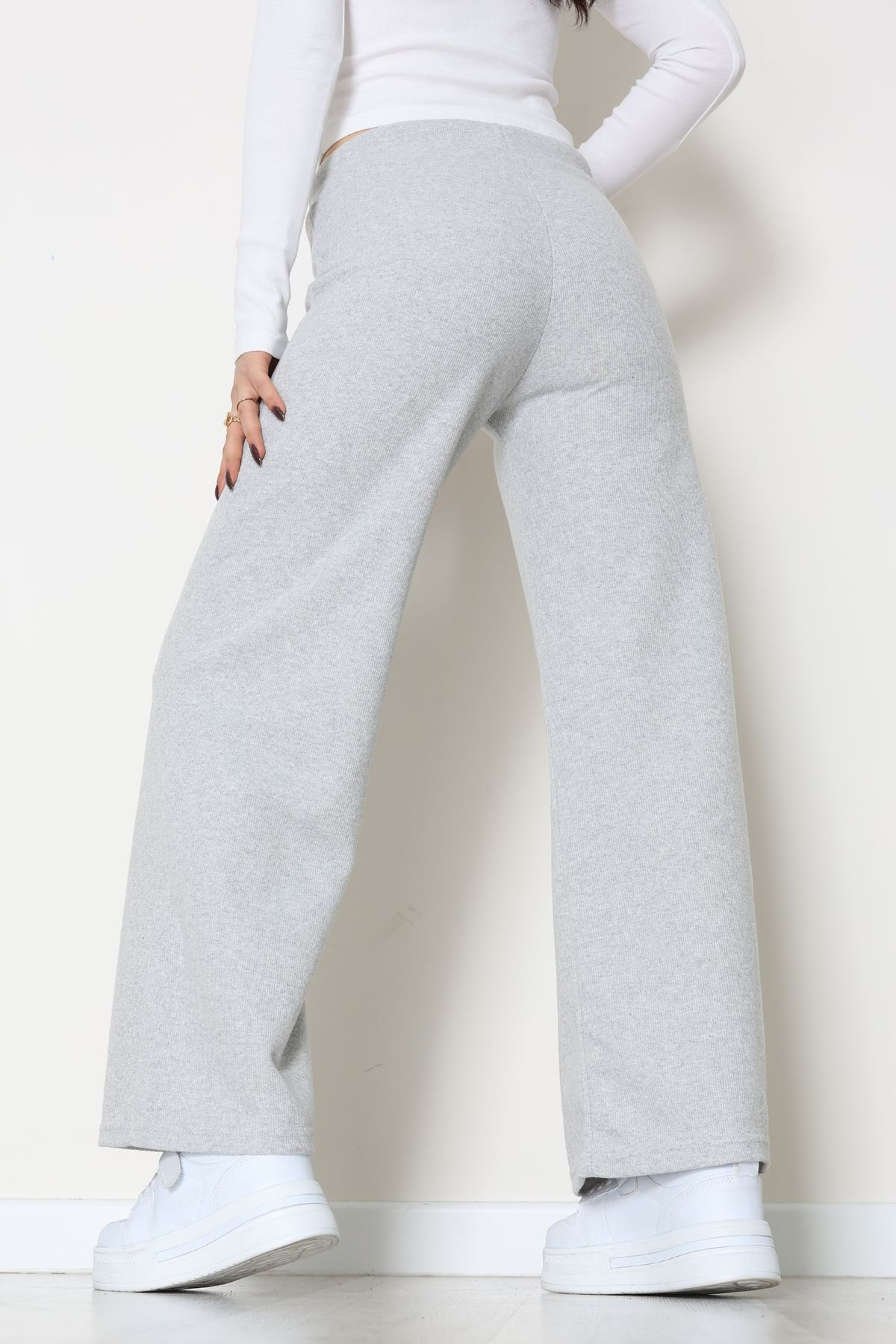 Selanik Kumaş Bel Lastikli Palazzo Pantolon Gri - 51228.1567.