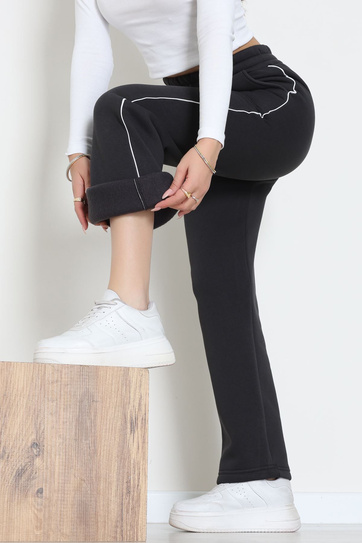 3 İplik Biyeli Palazzo Eşofman Altı Koyufüme - 30104.1878.