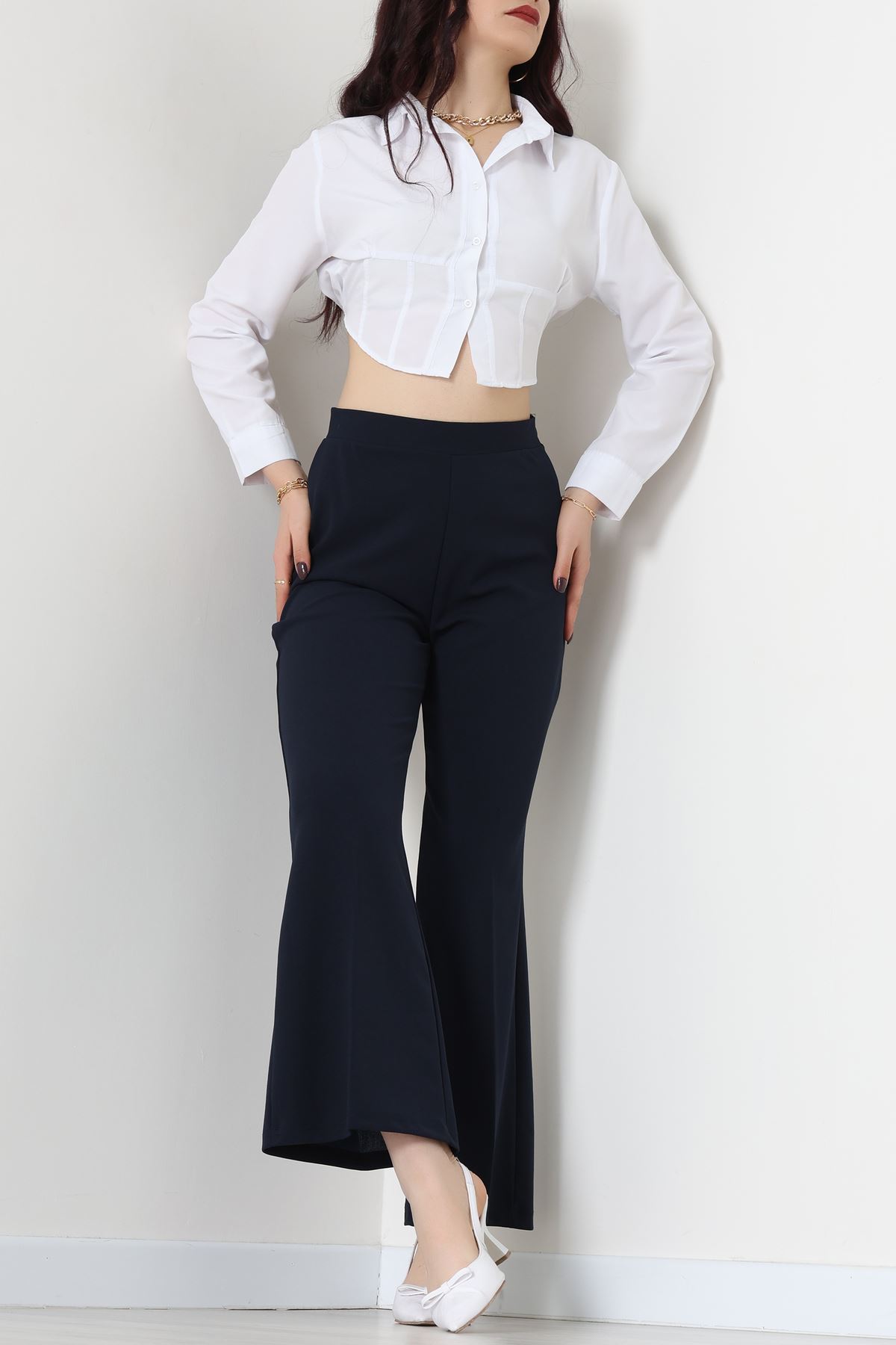 İthal Scuba Krep Likralı Yandan Fermuarlı Pantolon Lacivert - 51233.1397.