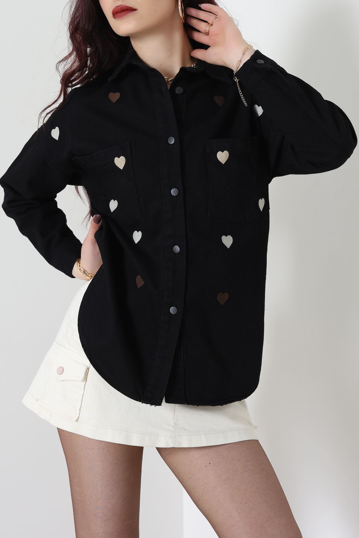 Kalp Nakışlı Kot Ceket Siyah - 31784.683.