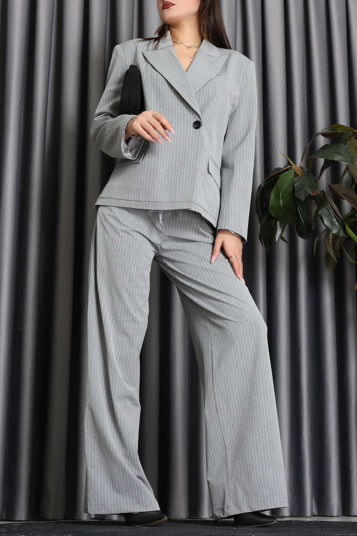 Çizgili Ceket Takım Gri - 9519.1995.