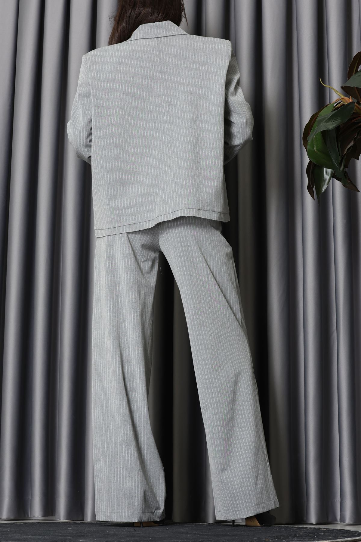 Çizgili Ceket Takım Gri - 9519.1995.