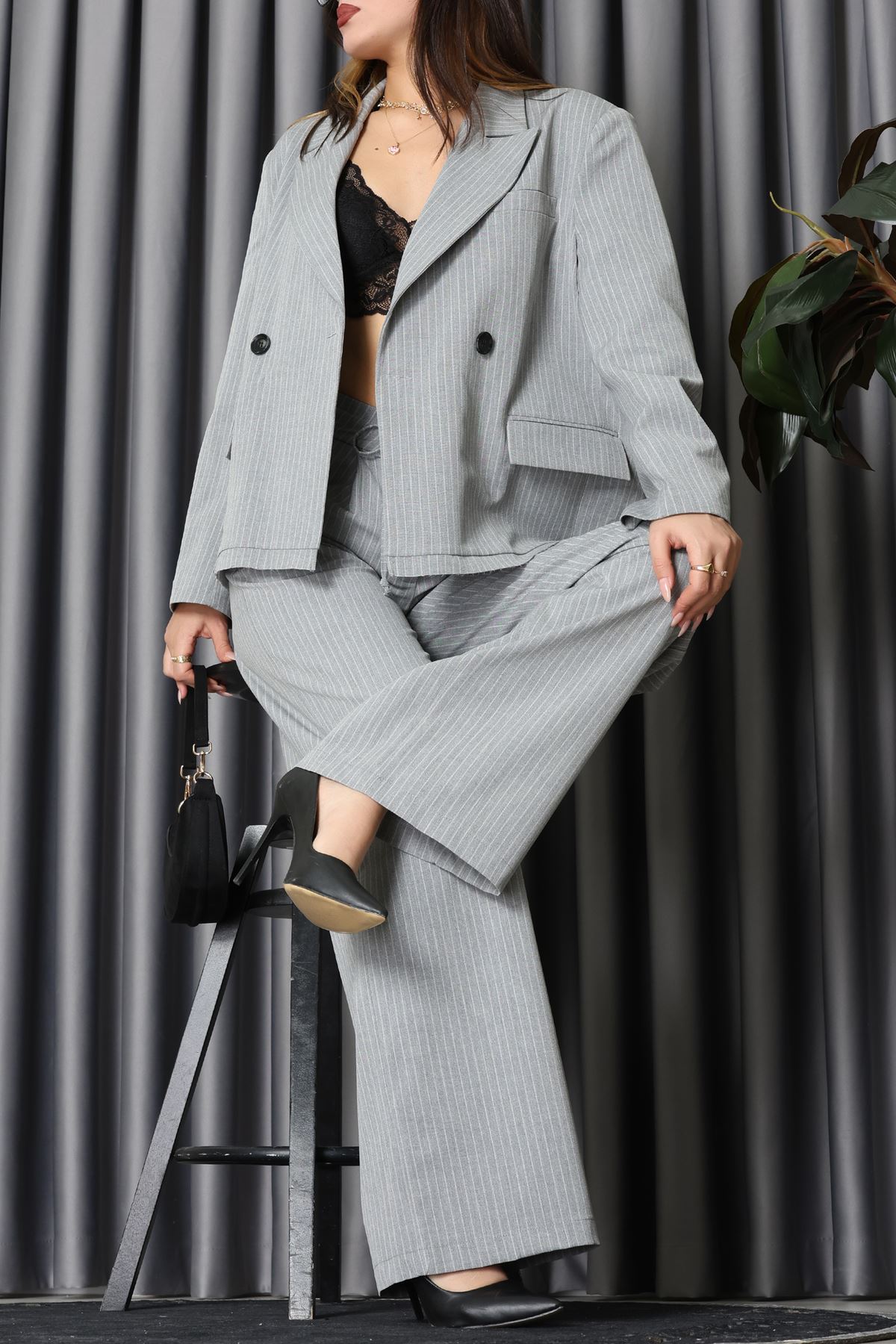 Çizgili Ceket Takım Gri - 9519.1995.