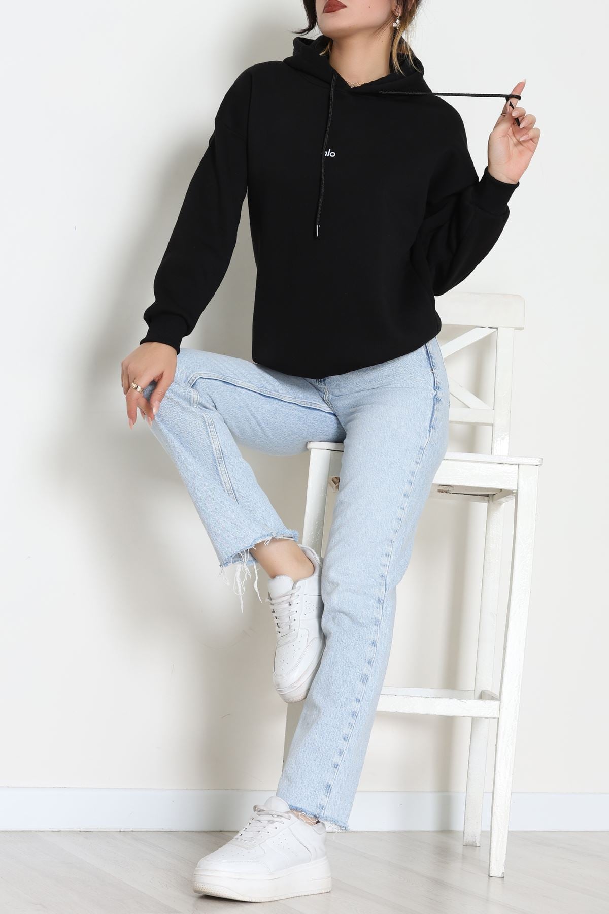 3 İplik Kapşonlu Baskılı Sweat Siyah - 42232.1878.