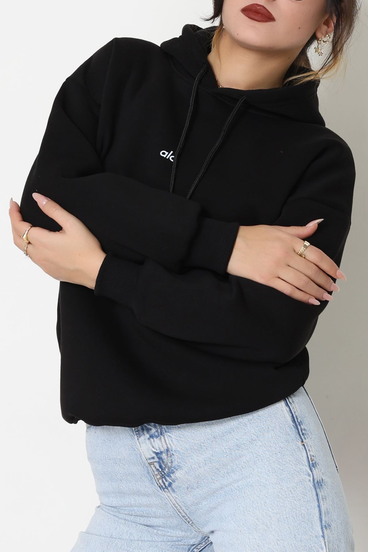 3 İplik Kapşonlu Baskılı Sweat Siyah - 42232.1878.