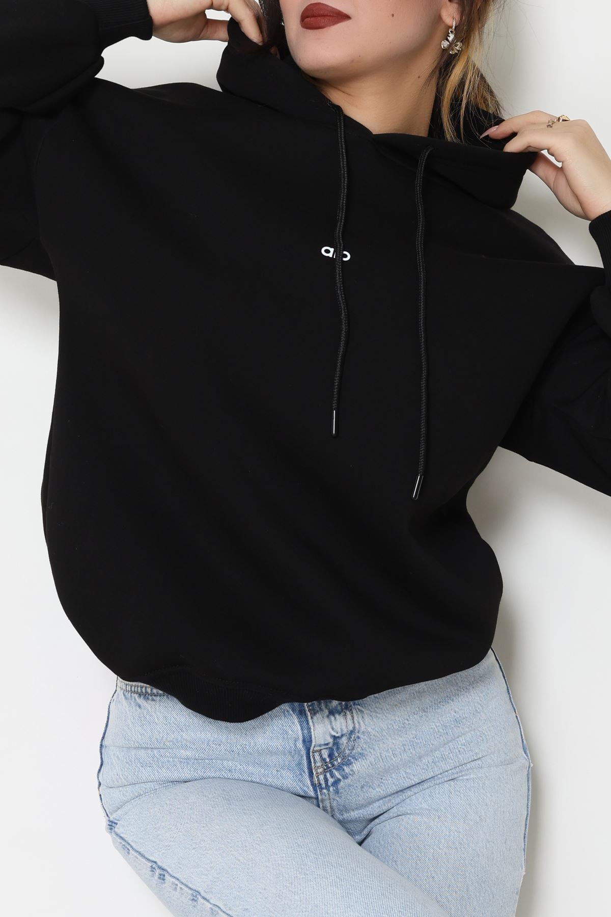 3 İplik Kapşonlu Baskılı Sweat Siyah - 42232.1878.