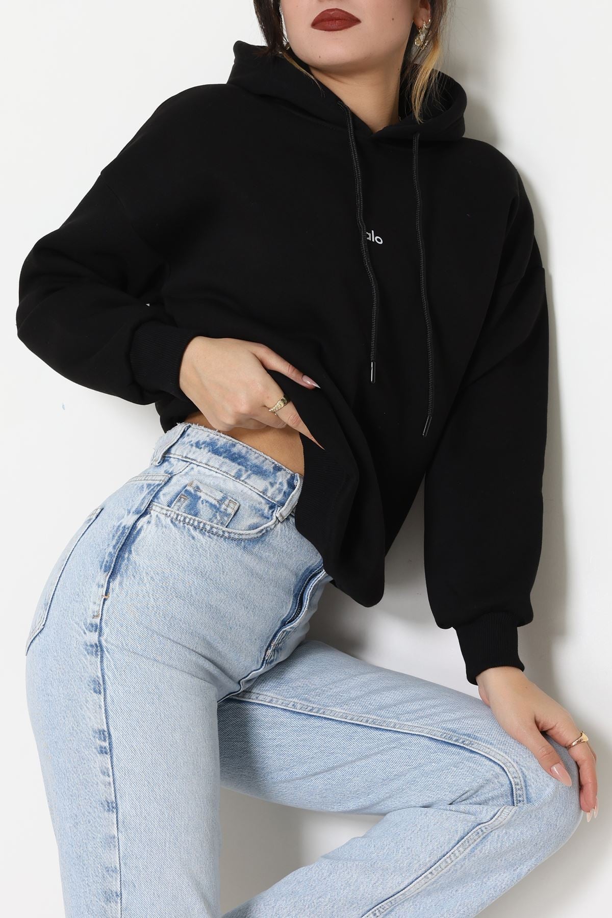 3 İplik Kapşonlu Baskılı Sweat Siyah - 42232.1878.