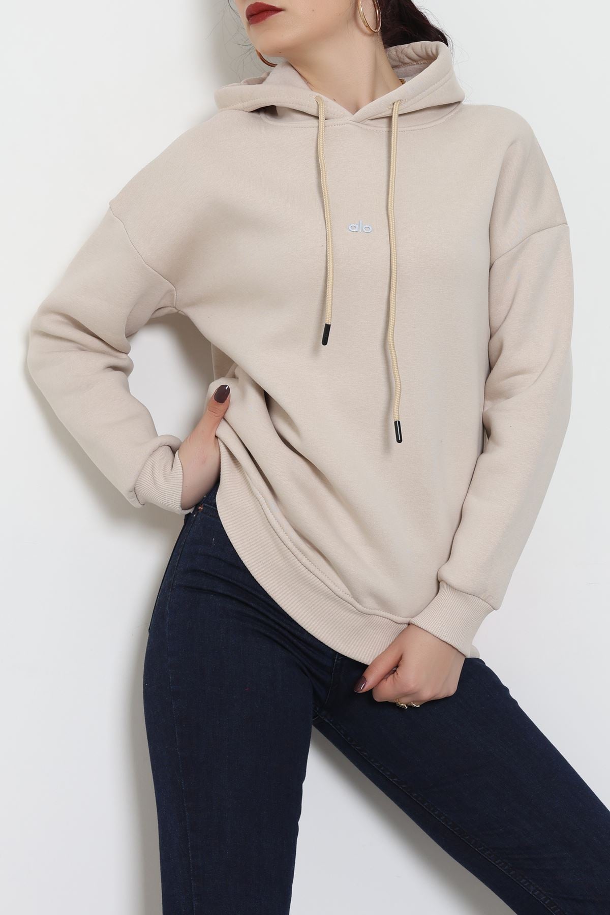 3 İplik Kapşonlu Baskılı Sweat Bej - 42232.1878.