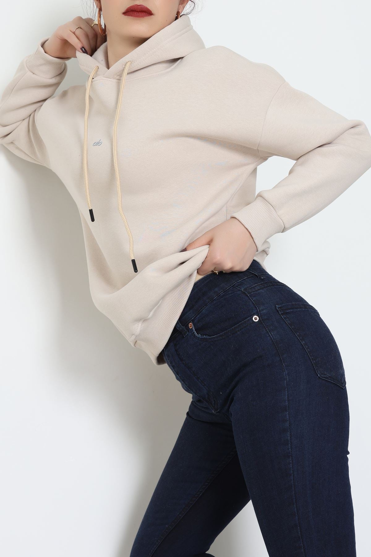 3 İplik Kapşonlu Baskılı Sweat Bej - 42232.1878.