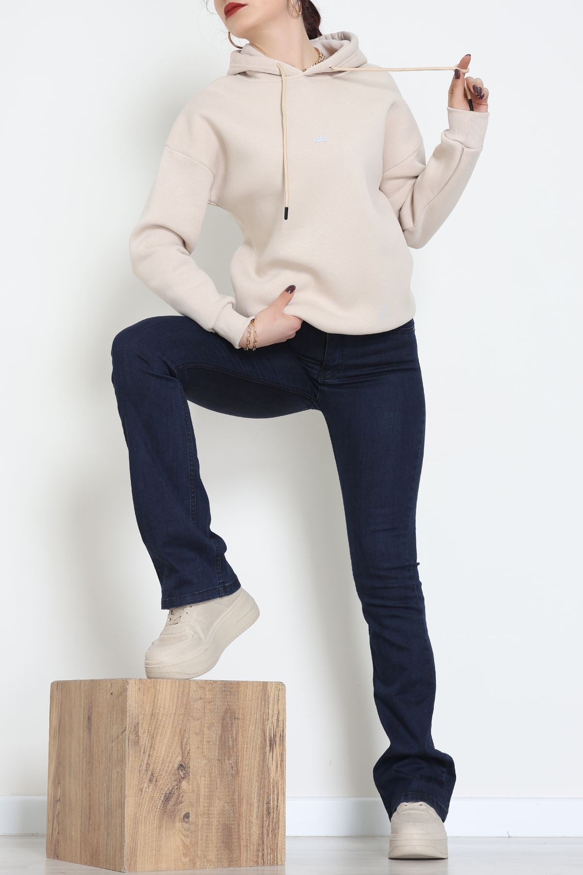 3 İplik Kapşonlu Baskılı Sweat Bej - 42232.1878.