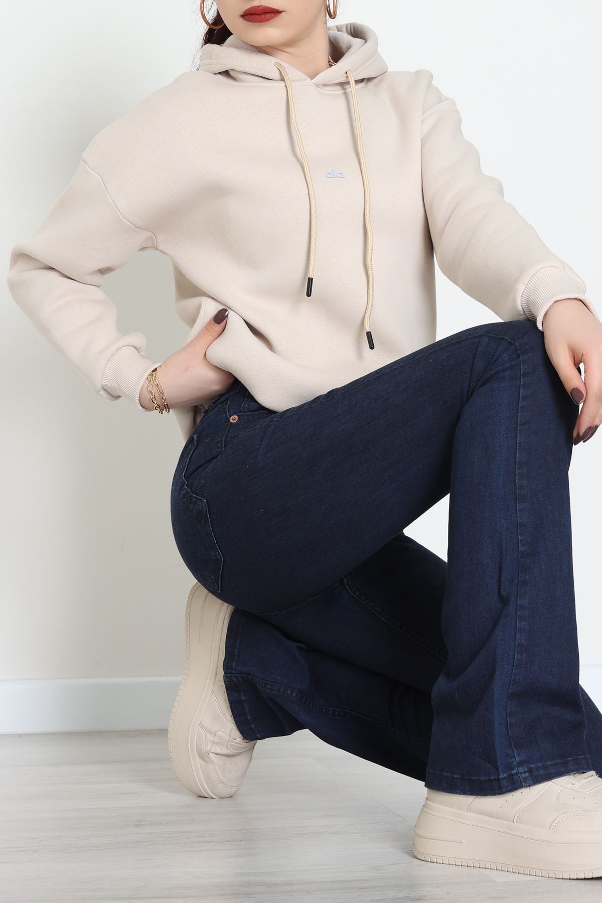 3 İplik Kapşonlu Baskılı Sweat Bej - 42232.1878.