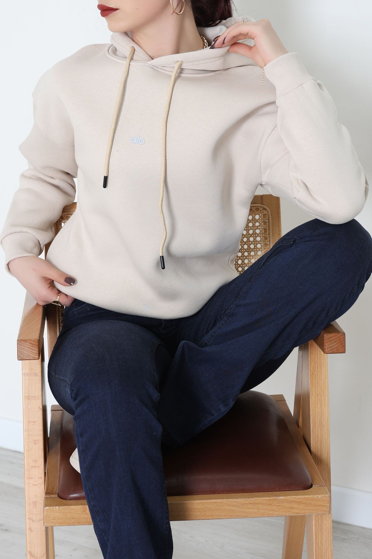 3 İplik Kapşonlu Baskılı Sweat Bej - 42232.1878.