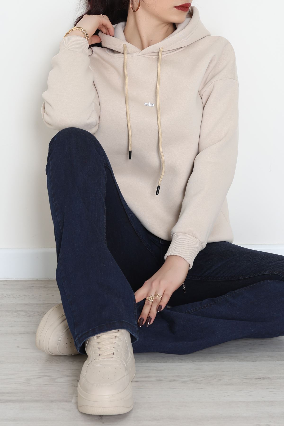 3 İplik Kapşonlu Baskılı Sweat Bej - 42232.1878.