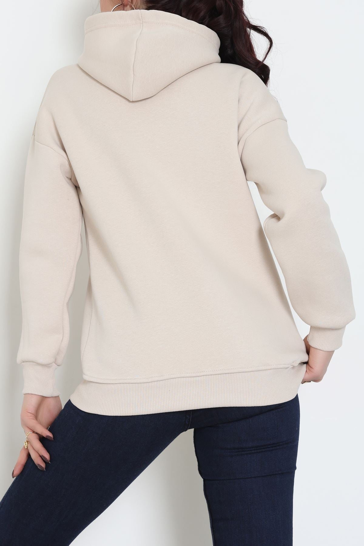 3 İplik Kapşonlu Baskılı Sweat Bej - 42232.1878.