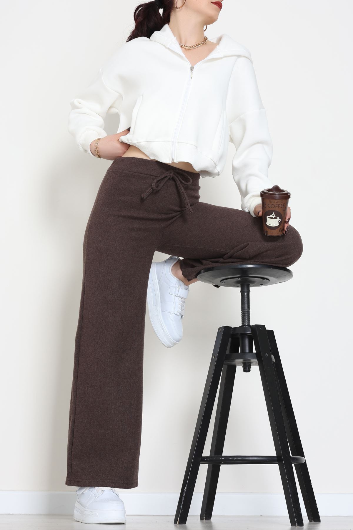 Selanik Kumaş Bel Lastikli Palazzo Pantolon Kahve - 51228.1567.