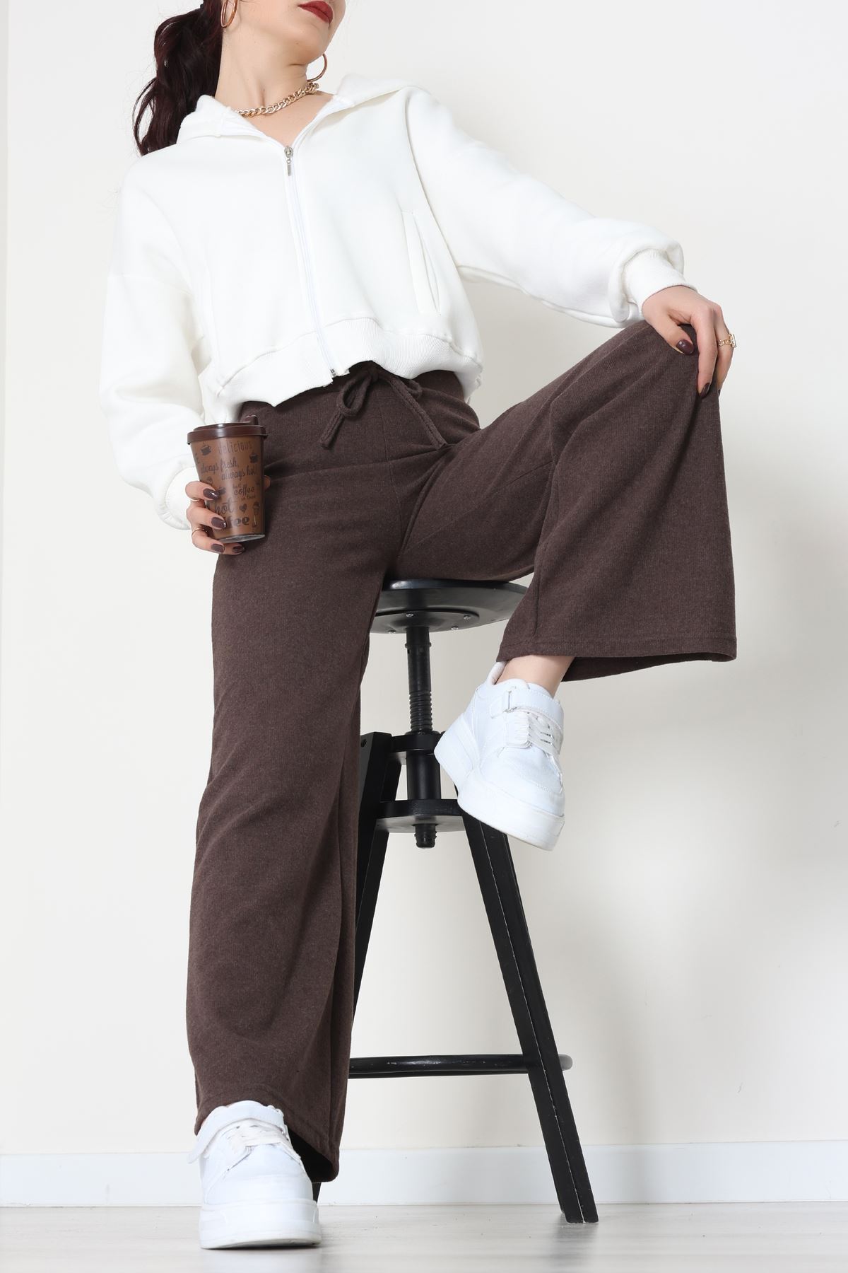 Selanik Kumaş Bel Lastikli Palazzo Pantolon Kahve - 51228.1567.