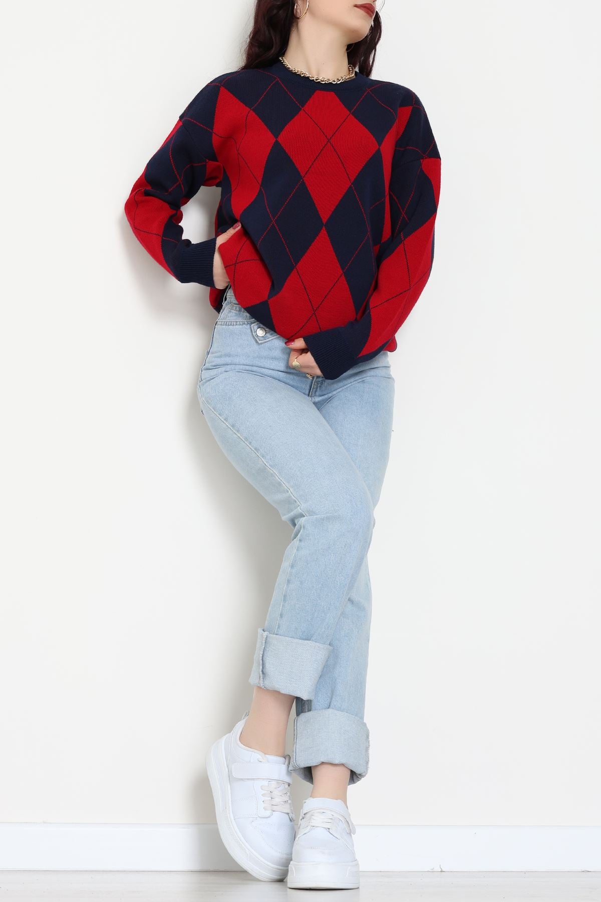 Etnik Desen Triko Lacivertkırmızı - 3027.1577.