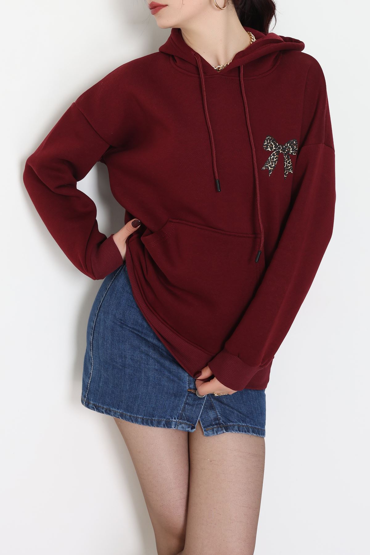 3 İplik Kanguru Cepli Kapşonlu Sweat Bordo - 42251.1878.