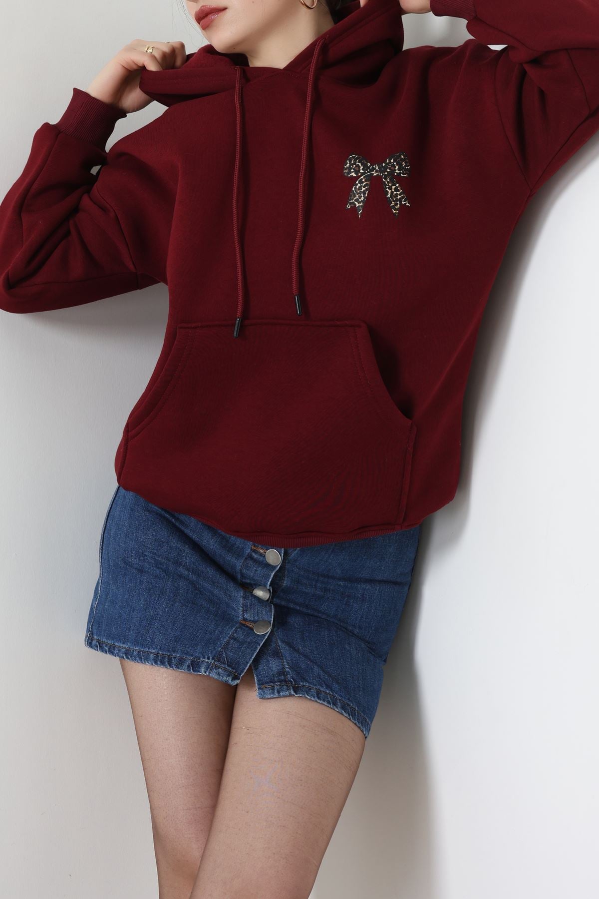 3 İplik Kanguru Cepli Kapşonlu Sweat Bordo - 42251.1878.
