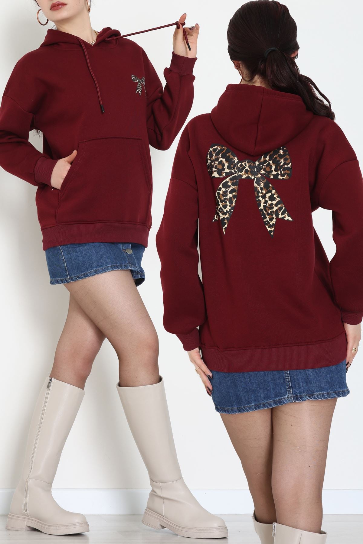 3 İplik Kanguru Cepli Kapşonlu Sweat Bordo - 42251.1878.