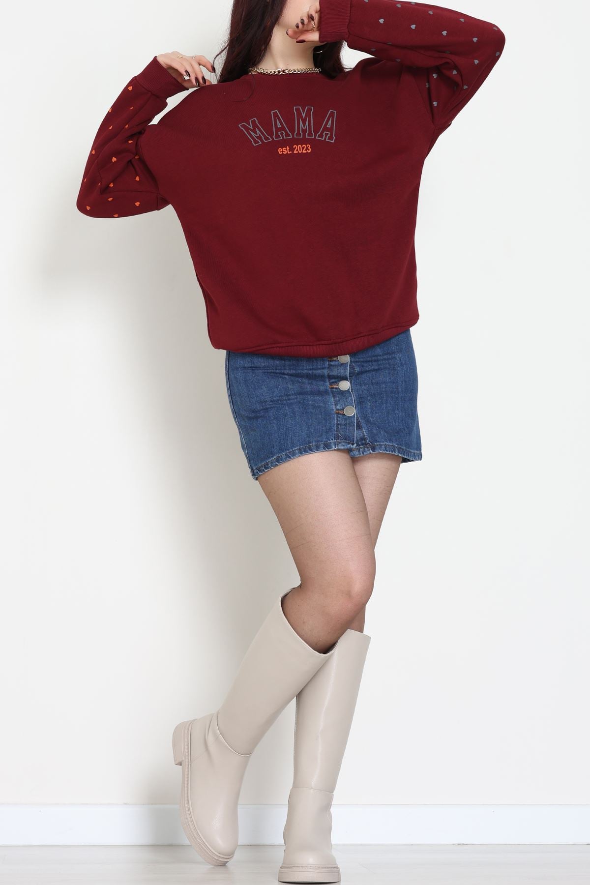 3 İplik Bisiklet Yaka Sweat Bordo - 42238.1878.