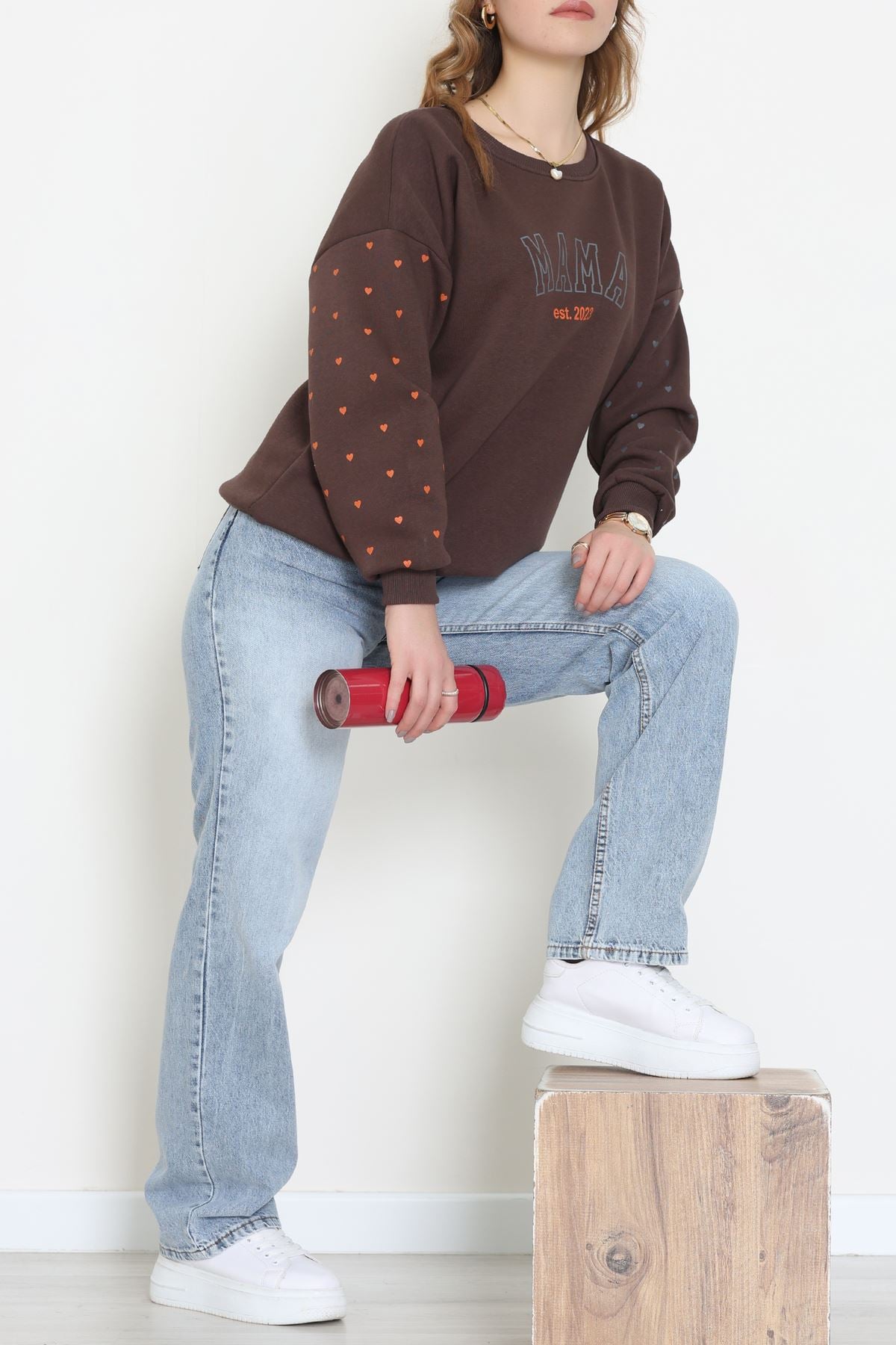 3 İplik Bisiklet Yaka Sweat Kahve - 42238.1878.