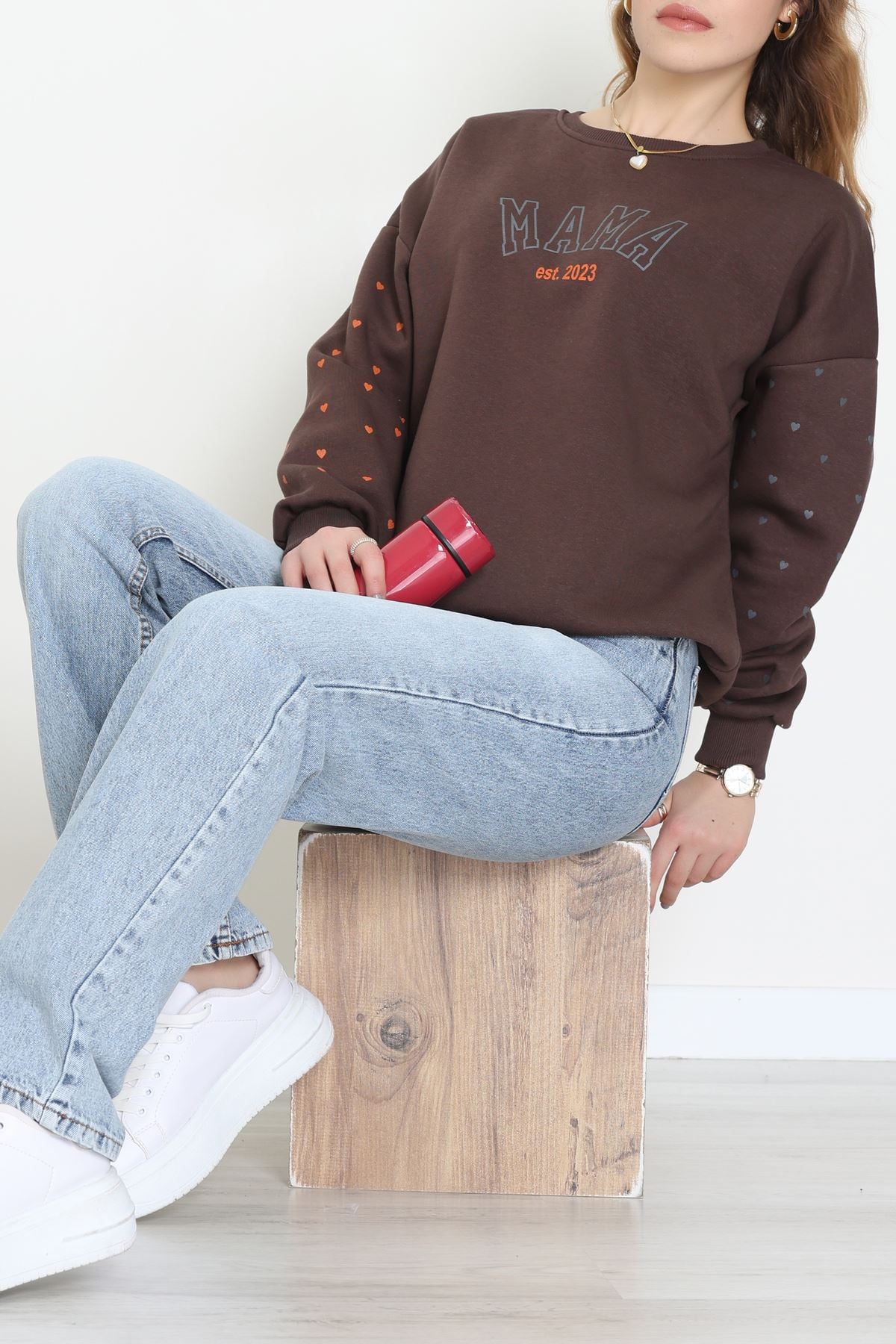 3 İplik Bisiklet Yaka Sweat Kahve - 42238.1878.