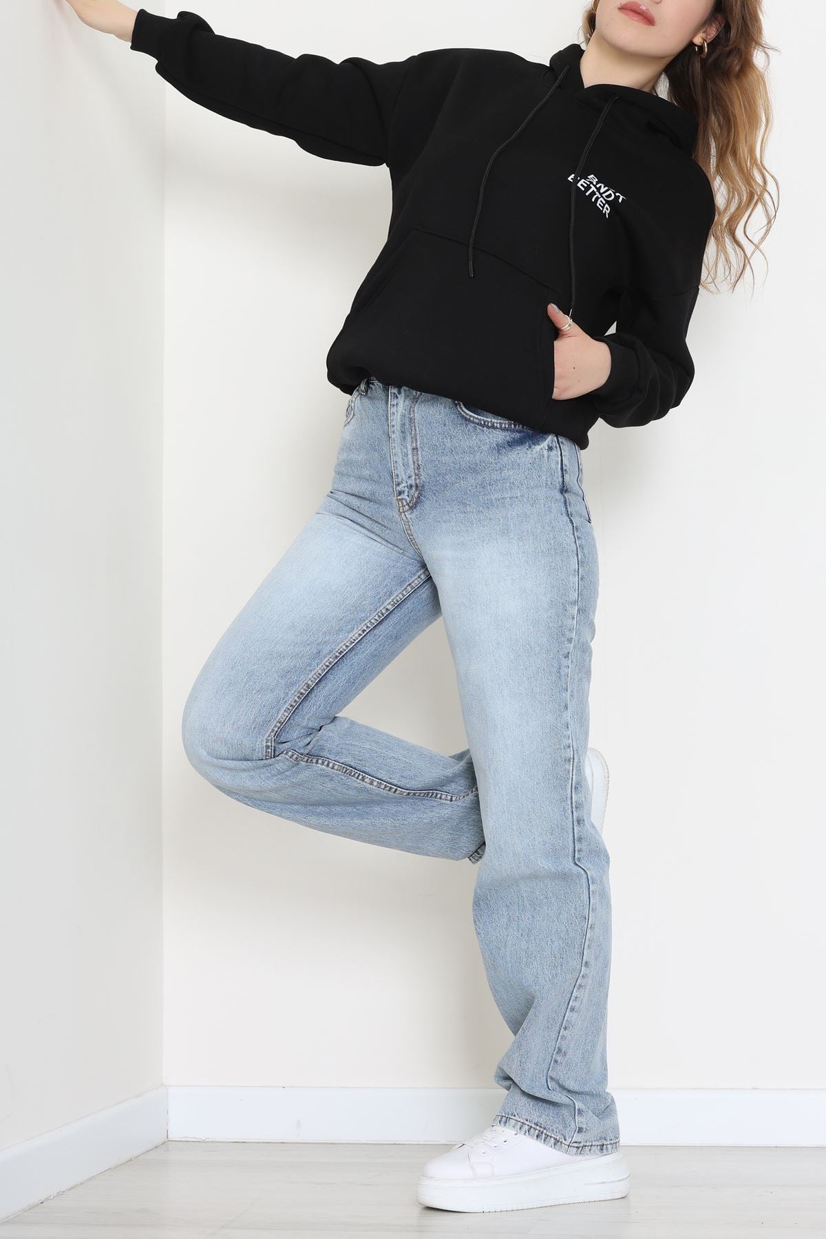 3 İplik Kanguru Cepli Kapşonlu Sweat Siyahbeyaz - 42257.1878.