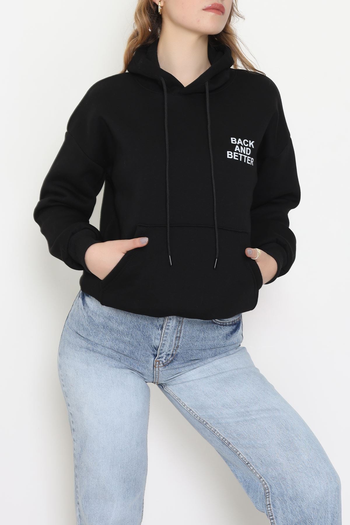 3 İplik Kanguru Cepli Kapşonlu Sweat Siyahbeyaz - 42257.1878.