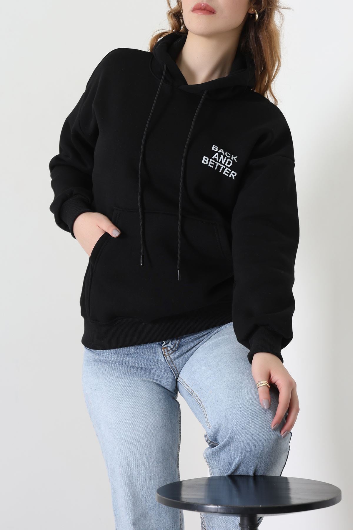 3 İplik Kanguru Cepli Kapşonlu Sweat Siyahbeyaz - 42257.1878.