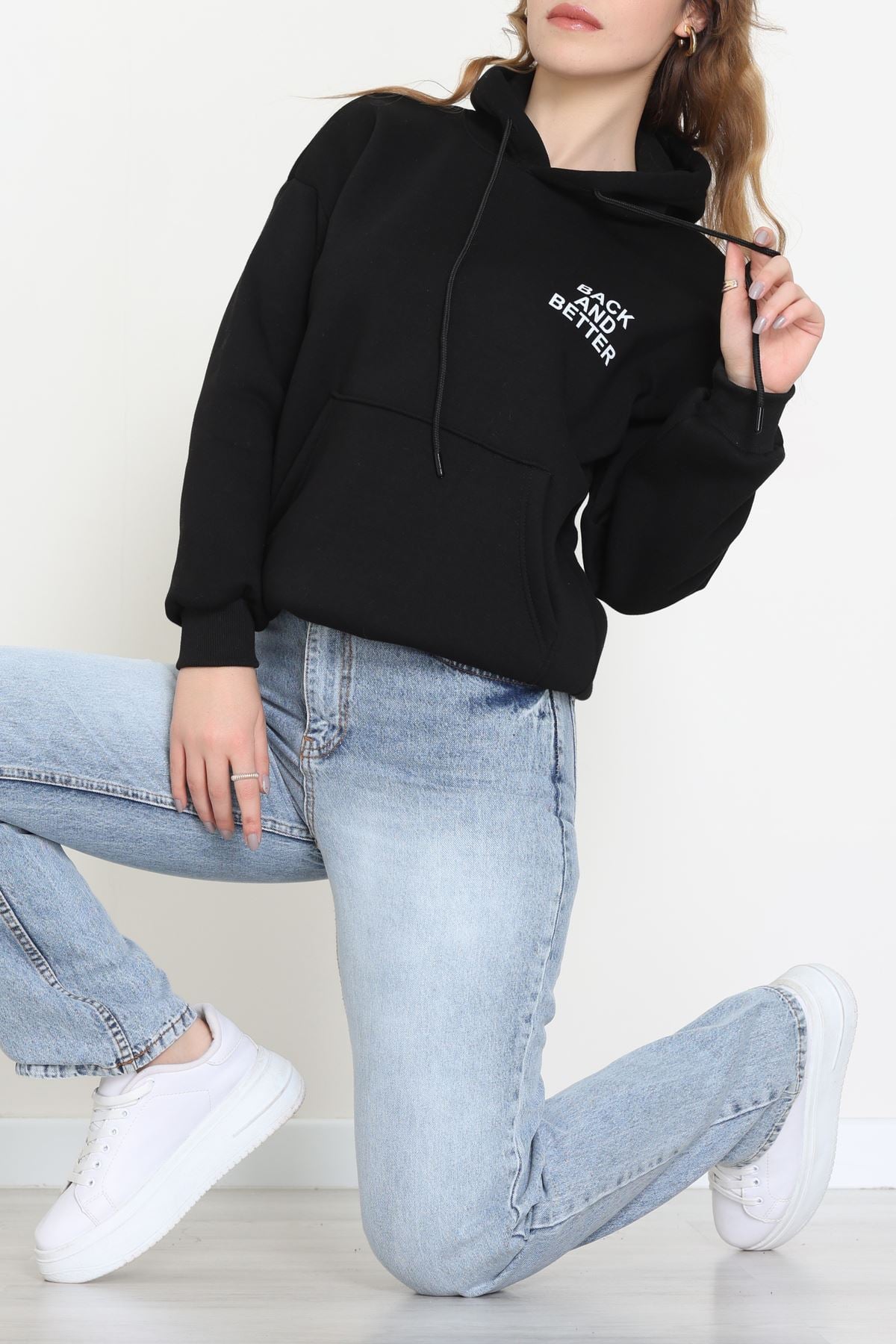 3 İplik Kanguru Cepli Kapşonlu Sweat Siyahbeyaz - 42257.1878.