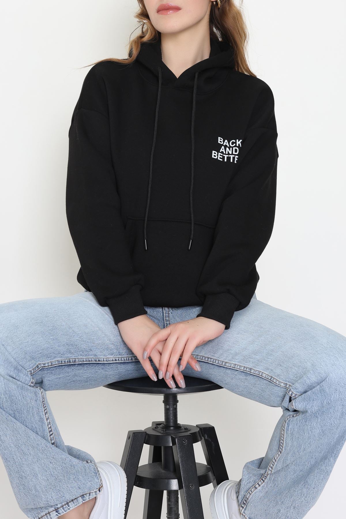 3 İplik Kanguru Cepli Kapşonlu Sweat Siyahbeyaz - 42257.1878.