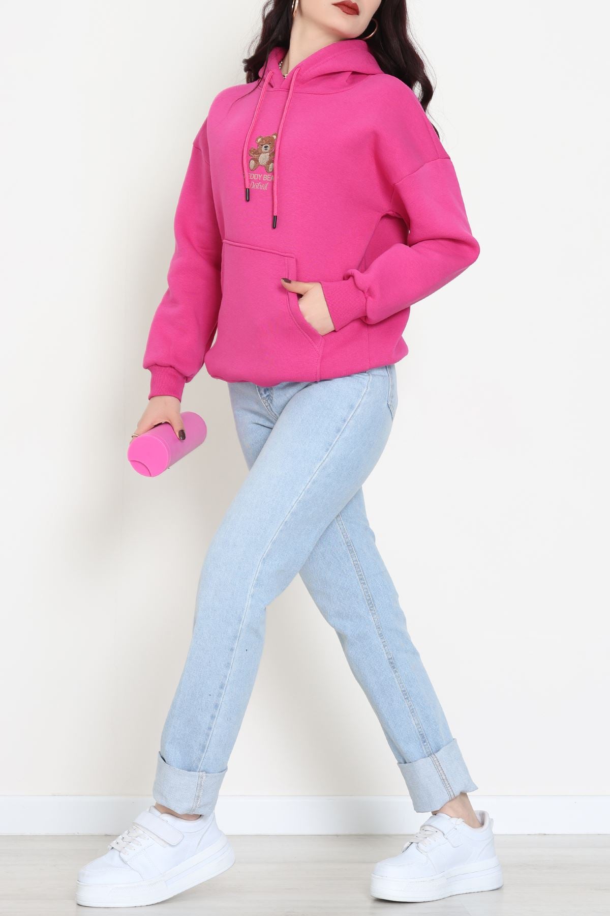 3 İplik Kanguru Cepli Kapşonlu Sweat Fuşya - 42254.1878.