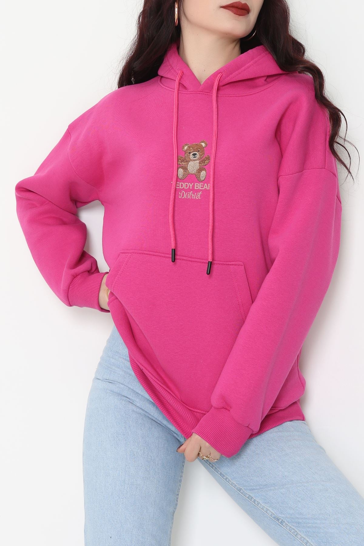 3 İplik Kanguru Cepli Kapşonlu Sweat Fuşya - 42254.1878.