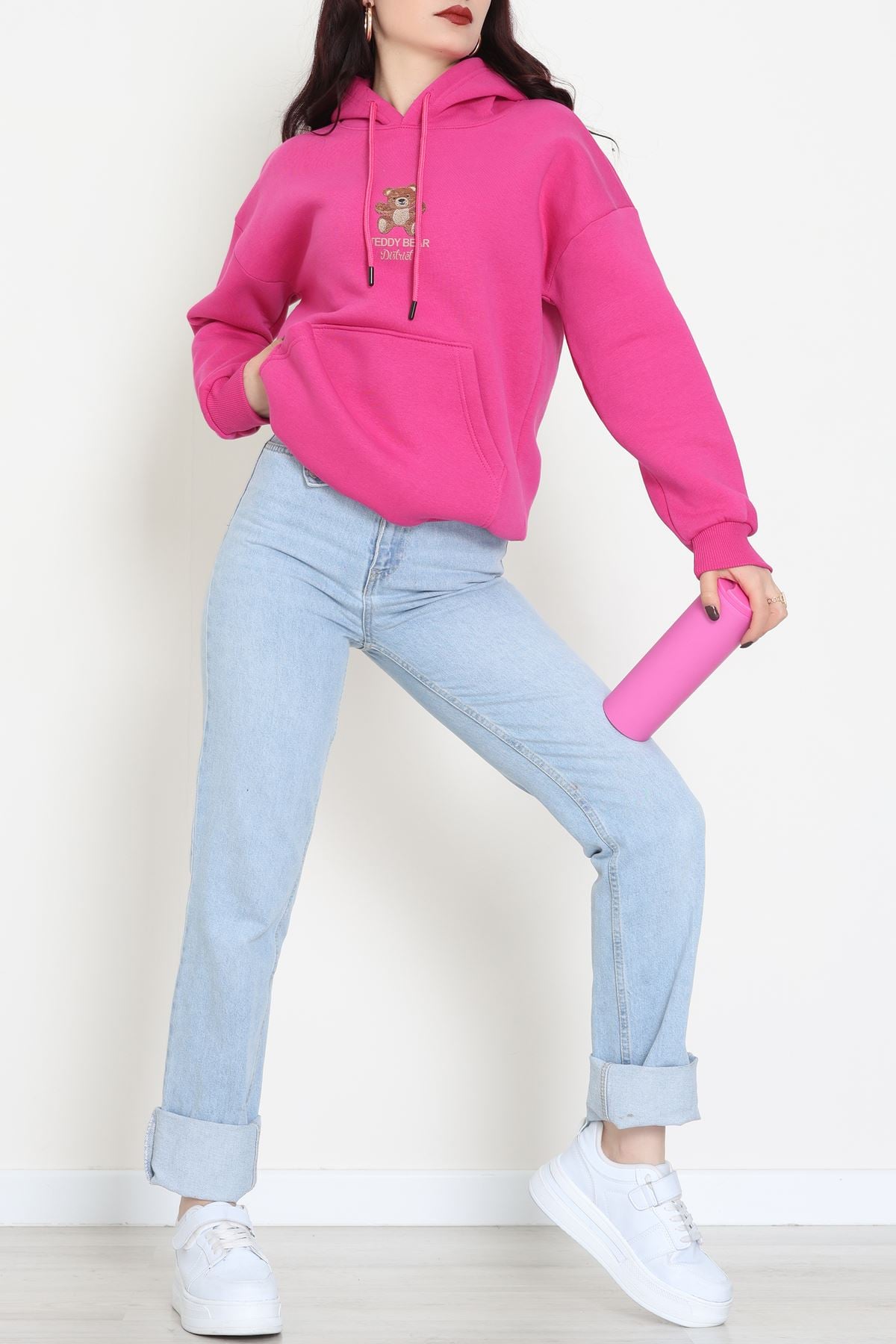 3 İplik Kanguru Cepli Kapşonlu Sweat Fuşya - 42254.1878.