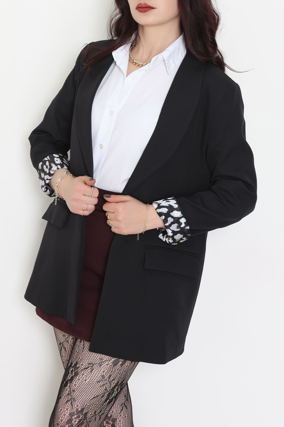 Leopar Astarlı Blazer Ceket Siyah - 31340.1397.