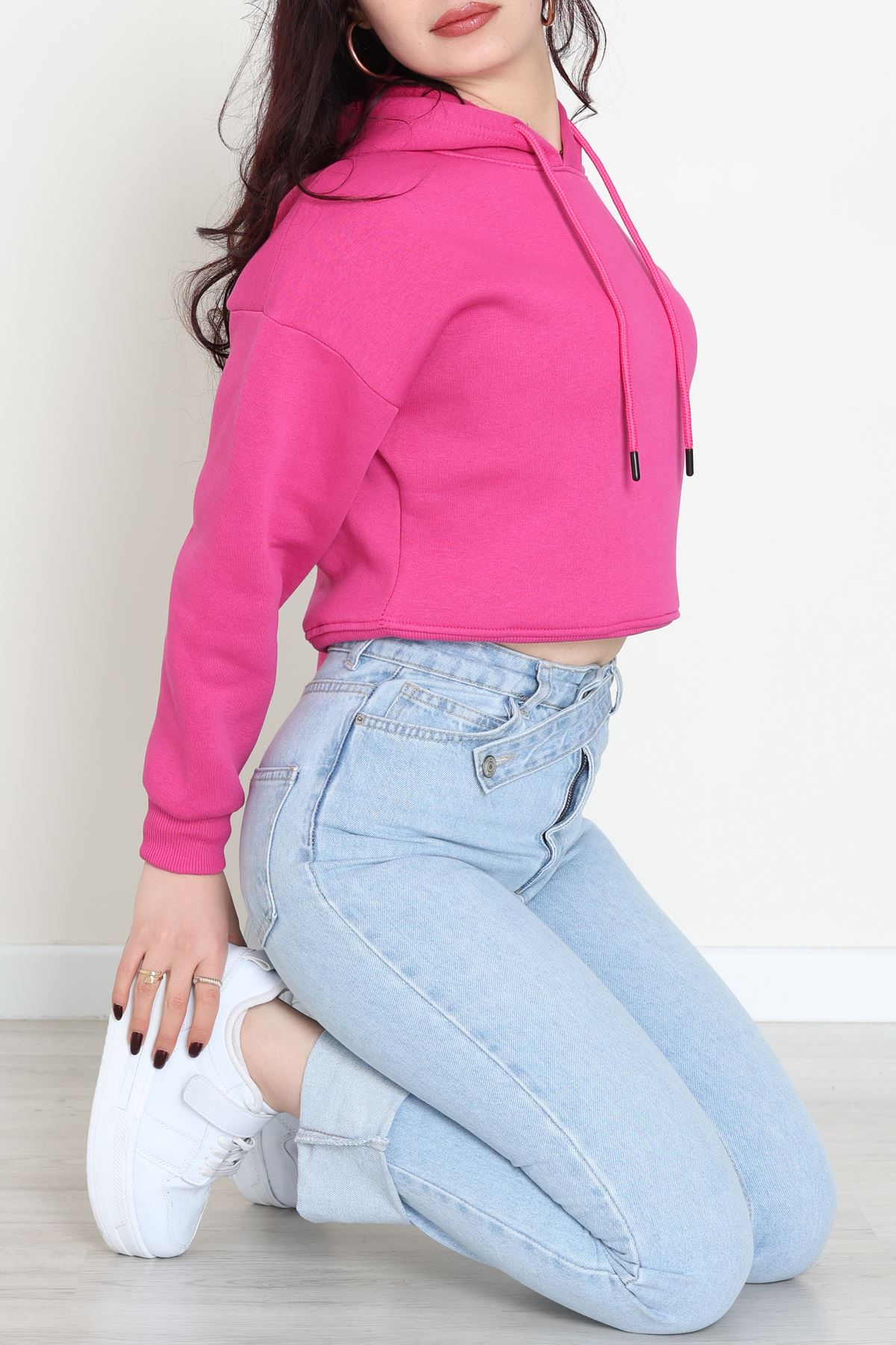 3 İplik Kapşonlu Crop Sweat Fuşya - 20959.1878.
