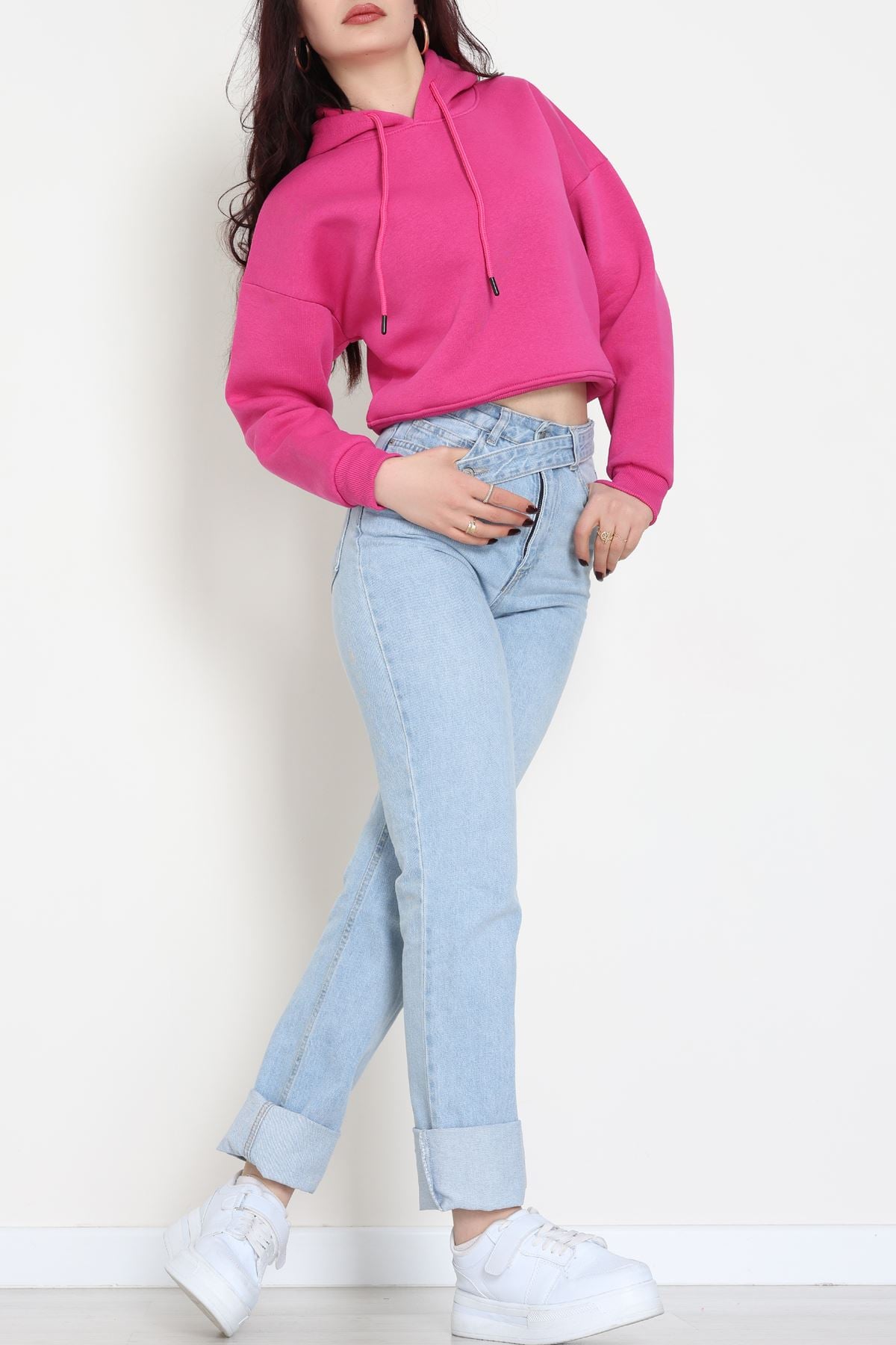 3 İplik Kapşonlu Crop Sweat Fuşya - 20959.1878.