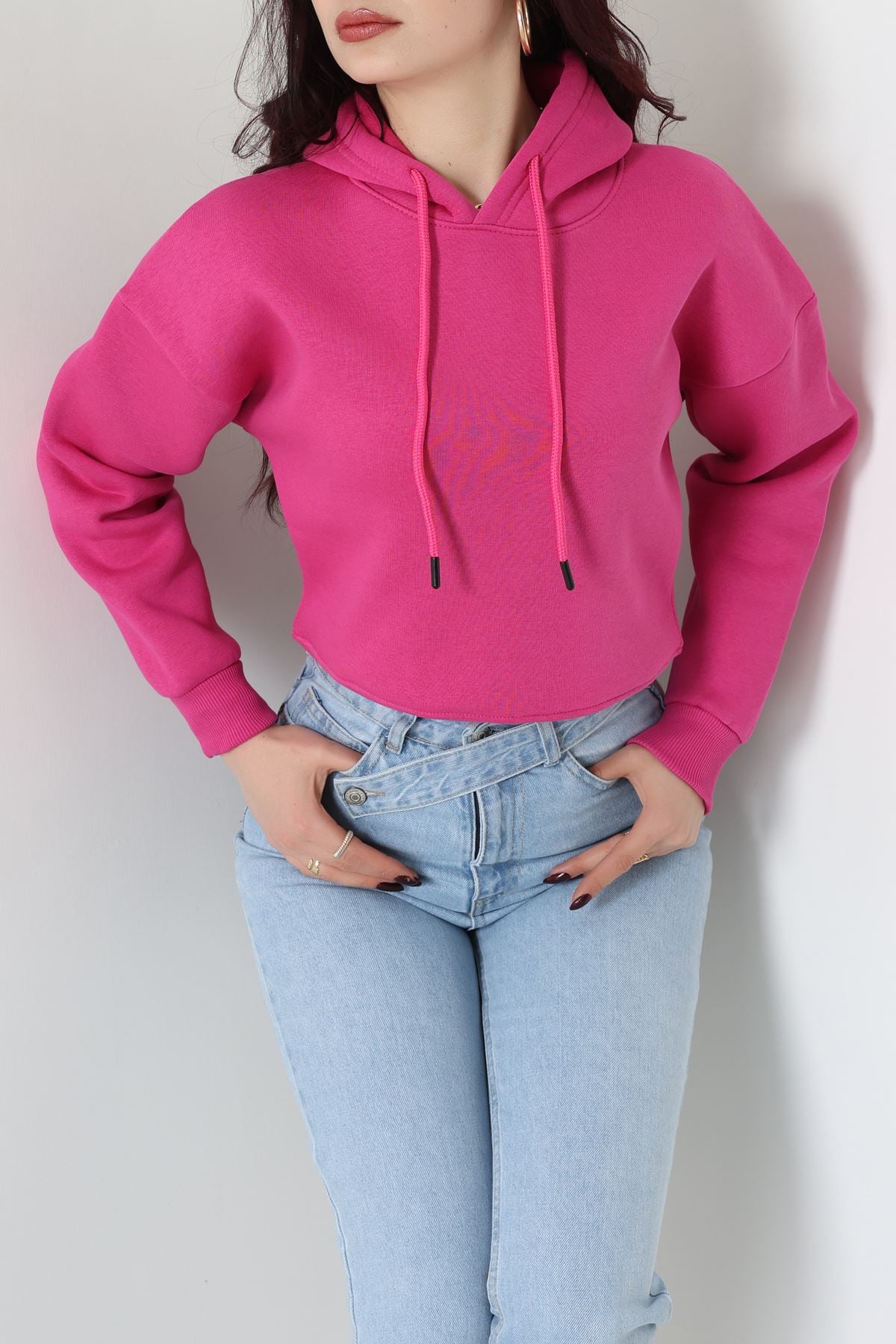 3 İplik Kapşonlu Crop Sweat Fuşya - 20959.1878.