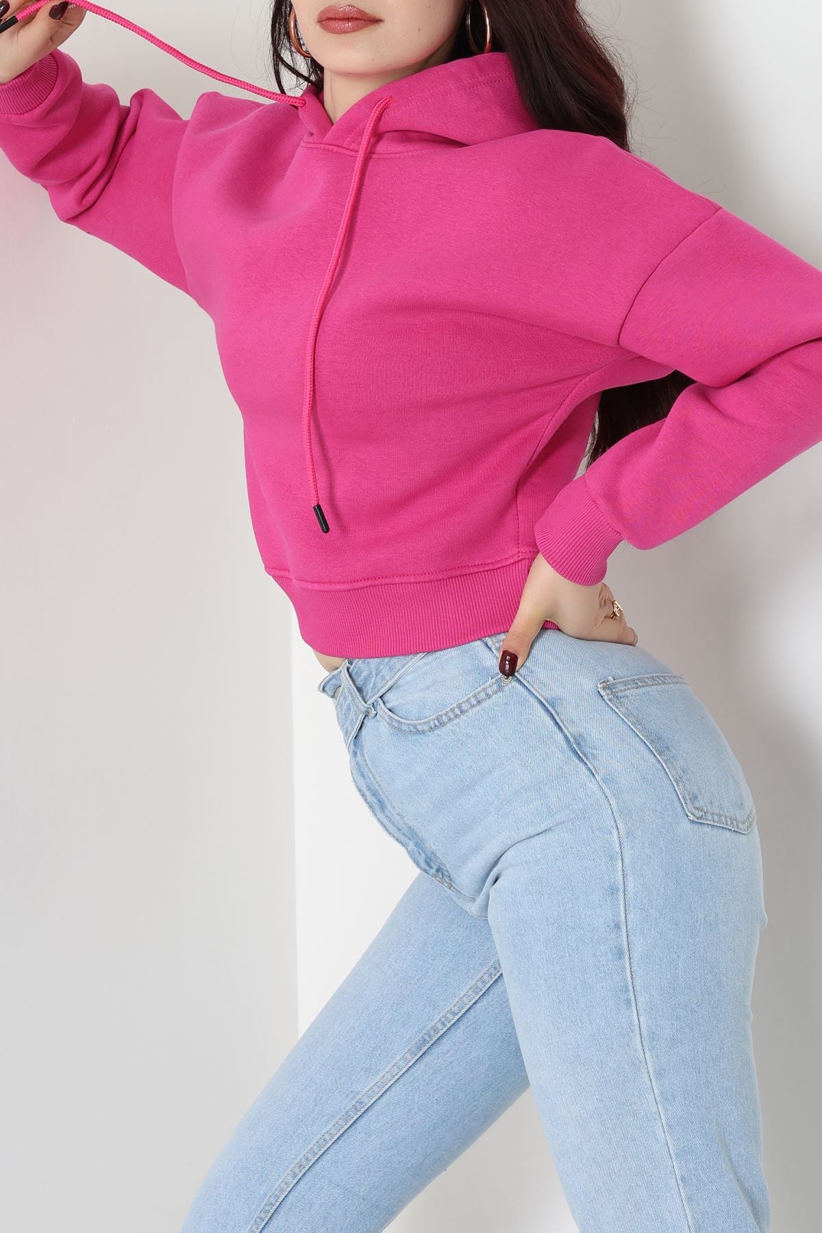 3 İplik Kapşonlu Crop Sweat Fuşya - 20959.1878.