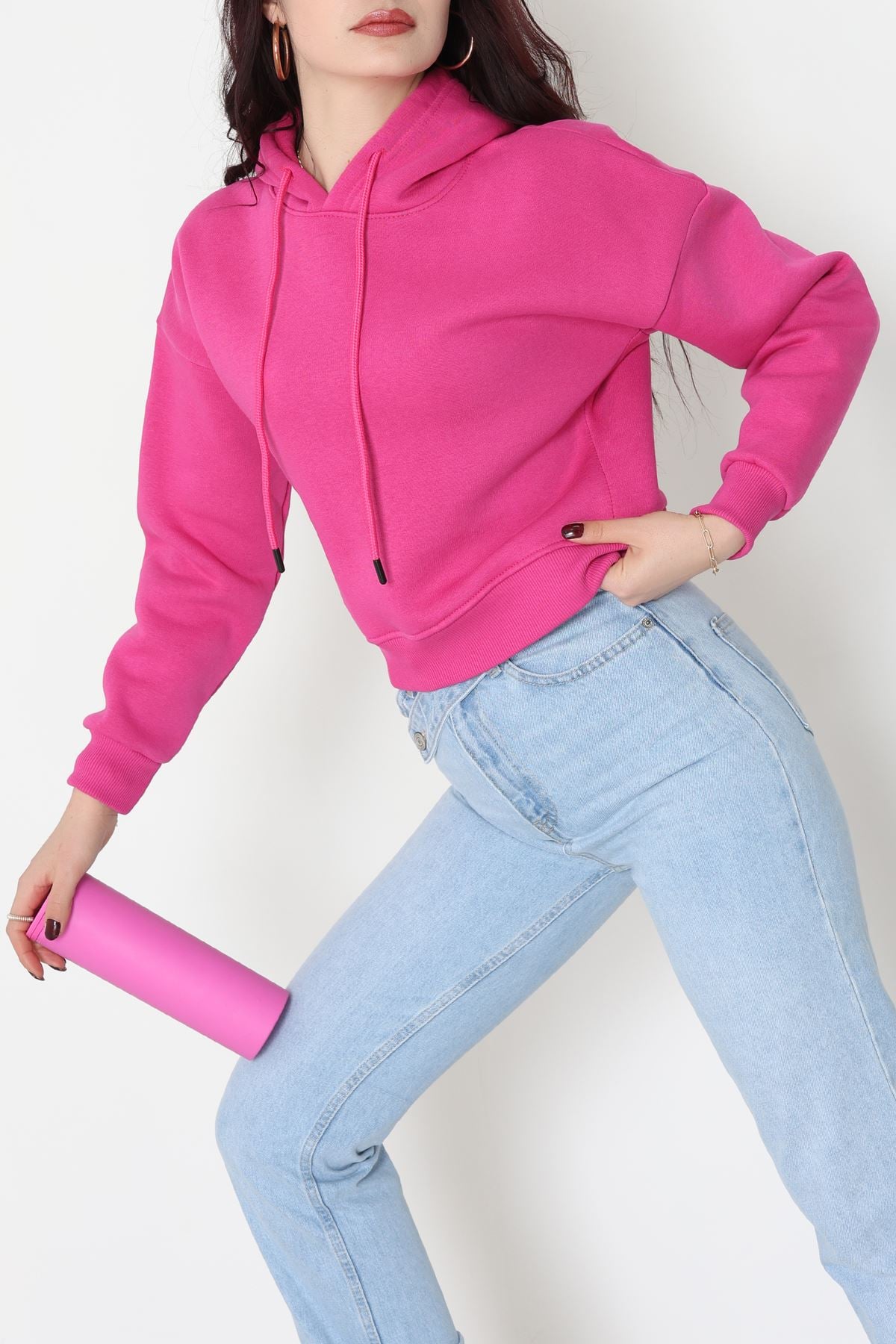 3 İplik Kapşonlu Crop Sweat Fuşya - 20959.1878.