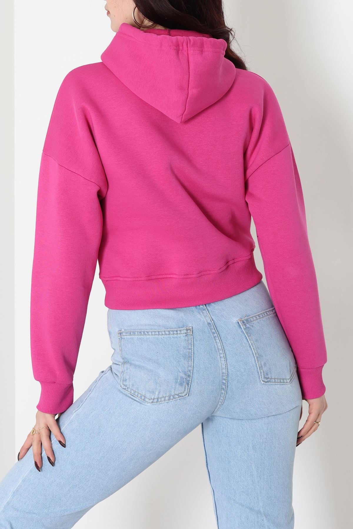 3 İplik Kapşonlu Crop Sweat Fuşya - 20959.1878.