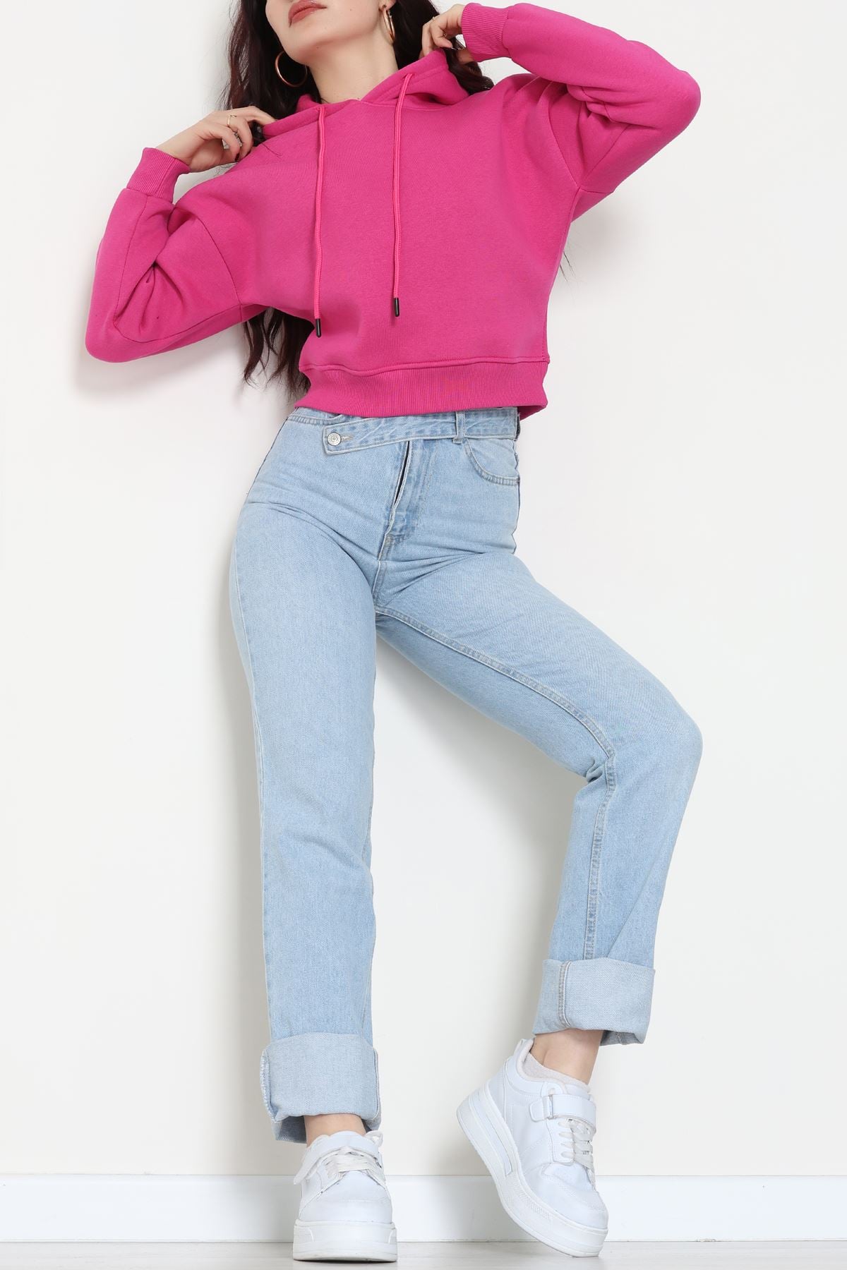 3 İplik Kapşonlu Crop Sweat Fuşya - 20959.1878.