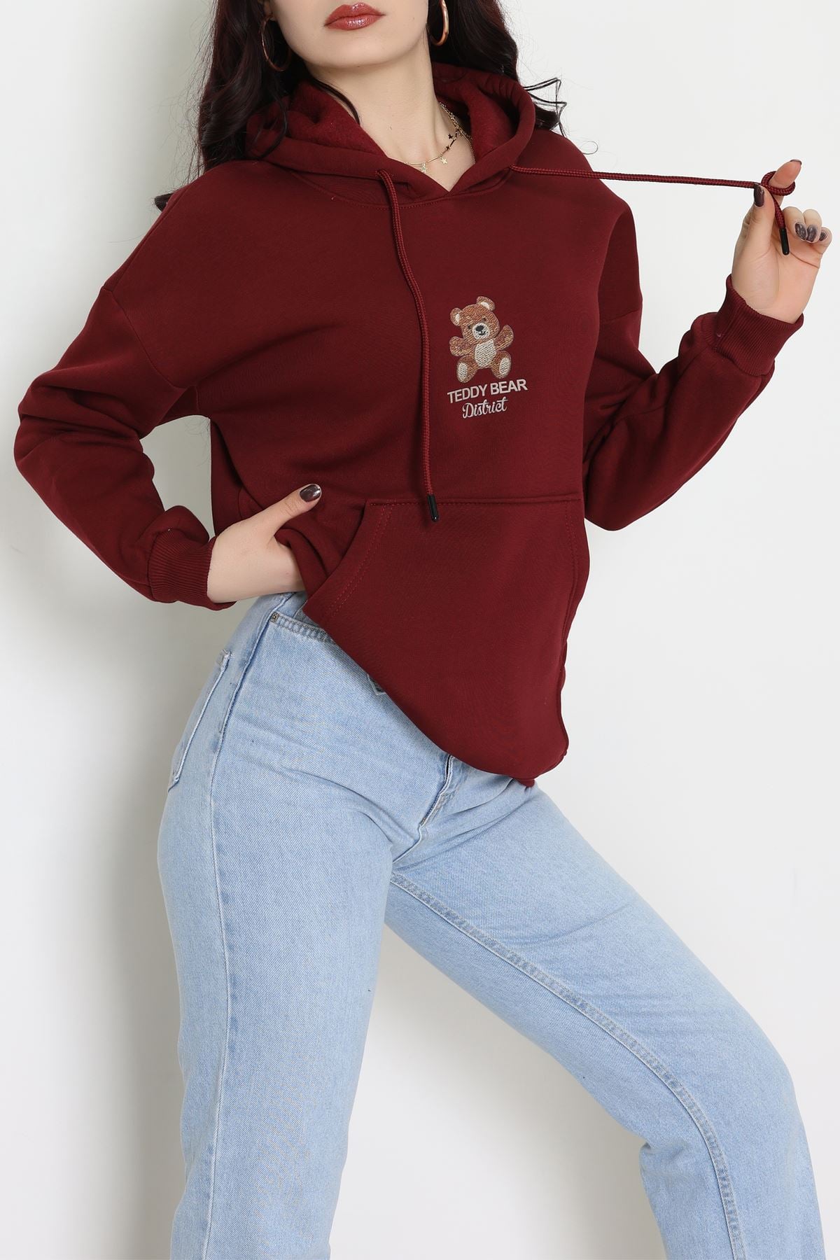 3 İplik Kanguru Cepli Kapşonlu Sweat Bordo - 42254.1878.