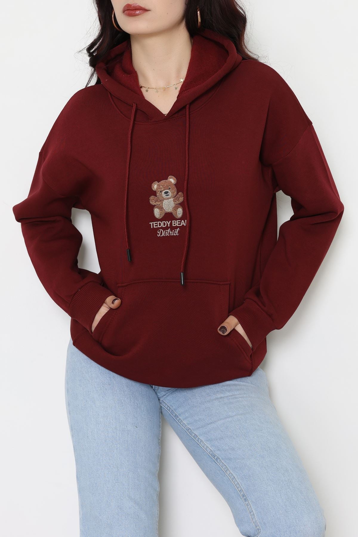 3 İplik Kanguru Cepli Kapşonlu Sweat Bordo - 42254.1878.